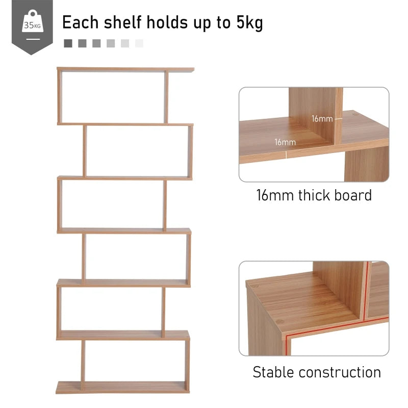 Maple Wood S-Shaped 6-Shelf Room Divider Bookcase