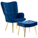 Modern Dark Blue Velvet Armchair with Ottoman Set