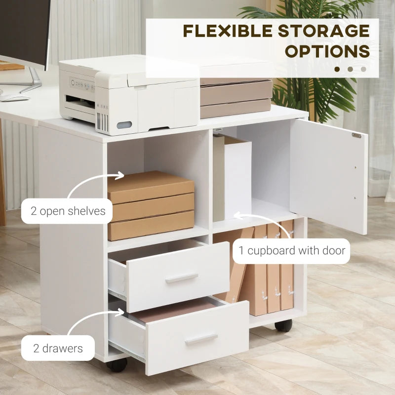 White Printer Stand with Shelves, Drawers & Compartment, Mobile Office Table