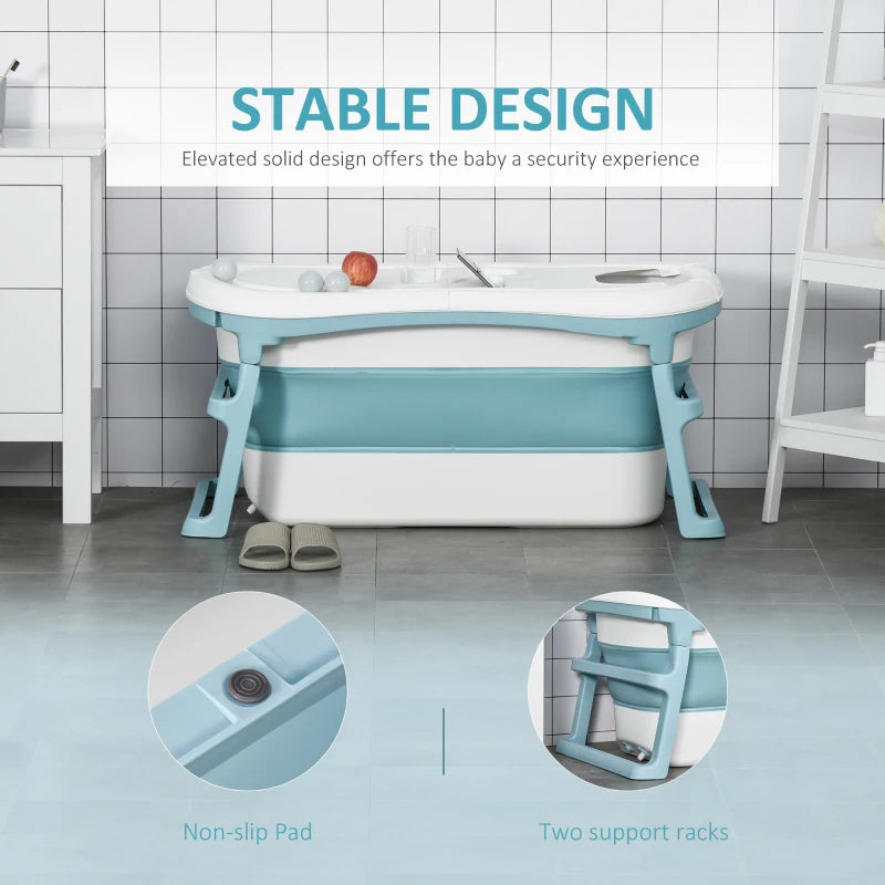 Blue Folding Baby Bath Tub for Toddlers Kids with Non-Slip Pads - Portable & Top Cover - 1-12 Years
