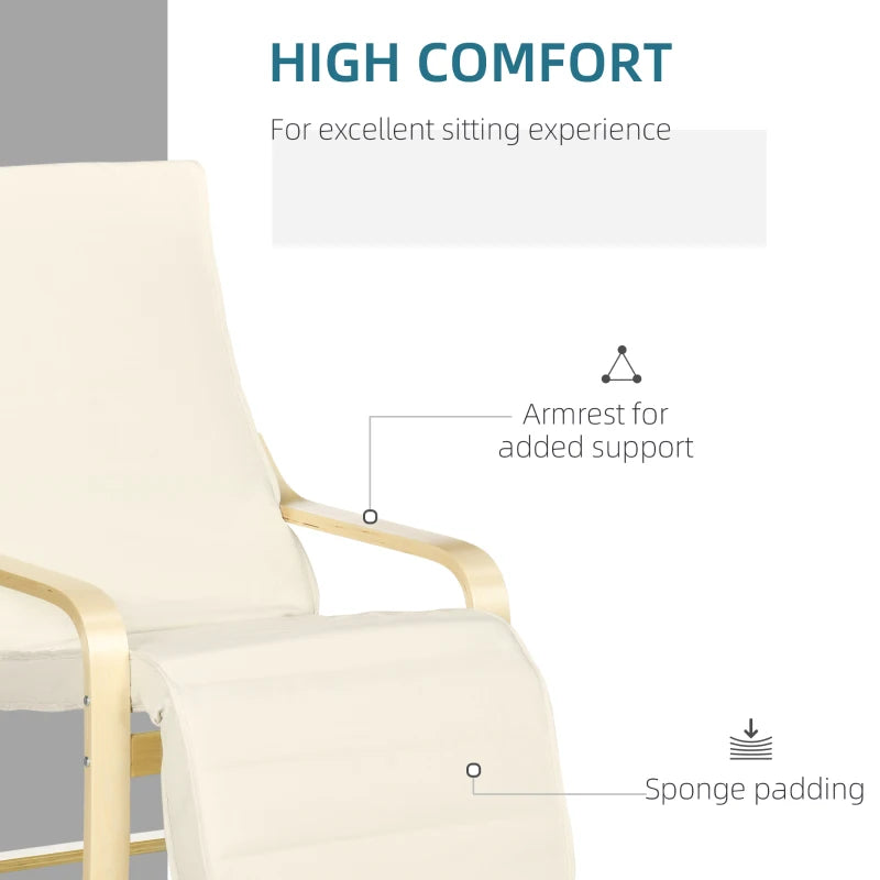 Wooden Deck Lounging Chair with Adjustable Footrest & Cushion, Cream White