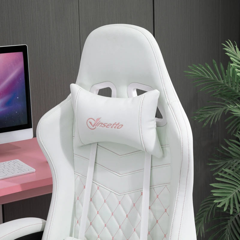 White Racing Gaming Chair with Swivel Wheel & Footrest