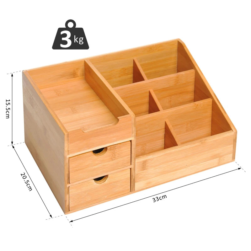 Natural Wood Desk Organizer with 7 Compartments and 2 Drawers