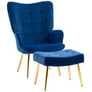 Modern Dark Blue Velvet Armchair with Ottoman Set