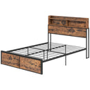 Rustic Brown Industrial Double Bed Frame with Storage, 4.8FT Steel Base, Headboard, Footboard, Slatted Support - 145 x 209cm