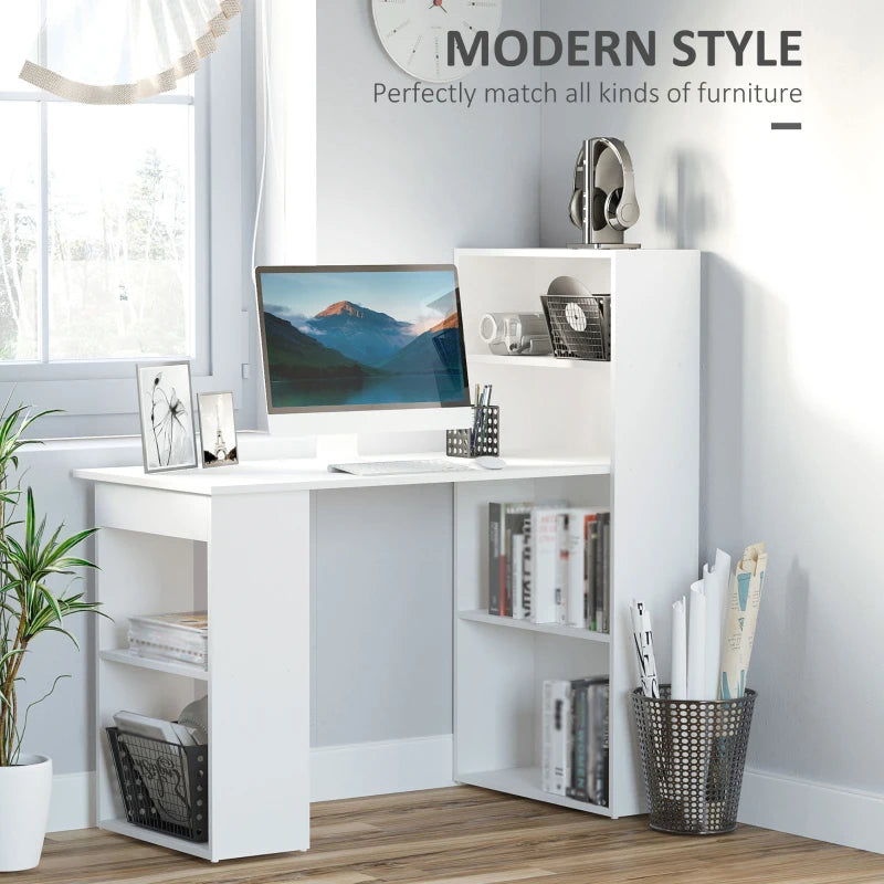 White 120cm Computer Desk with Bookshelf and 6 Shelves