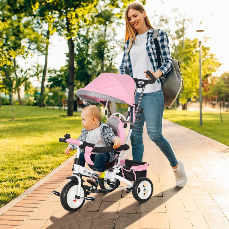 Pink 6-in-1 Kids Trike with Push Handle, Canopy, Safety Belt, Storage, Footrest, Brake