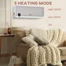 Wall-Mounted Electric Heater with Timer and Remote Control, 1000W/2000W, White