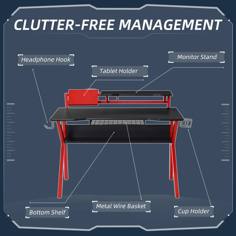 Red Gaming Desk with Monitor Stand and Accessories, 120cm