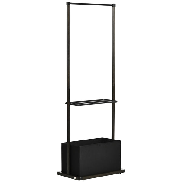 Dark Walnut Bamboo Coat Stand with Shelves and Fabric Storage Box
