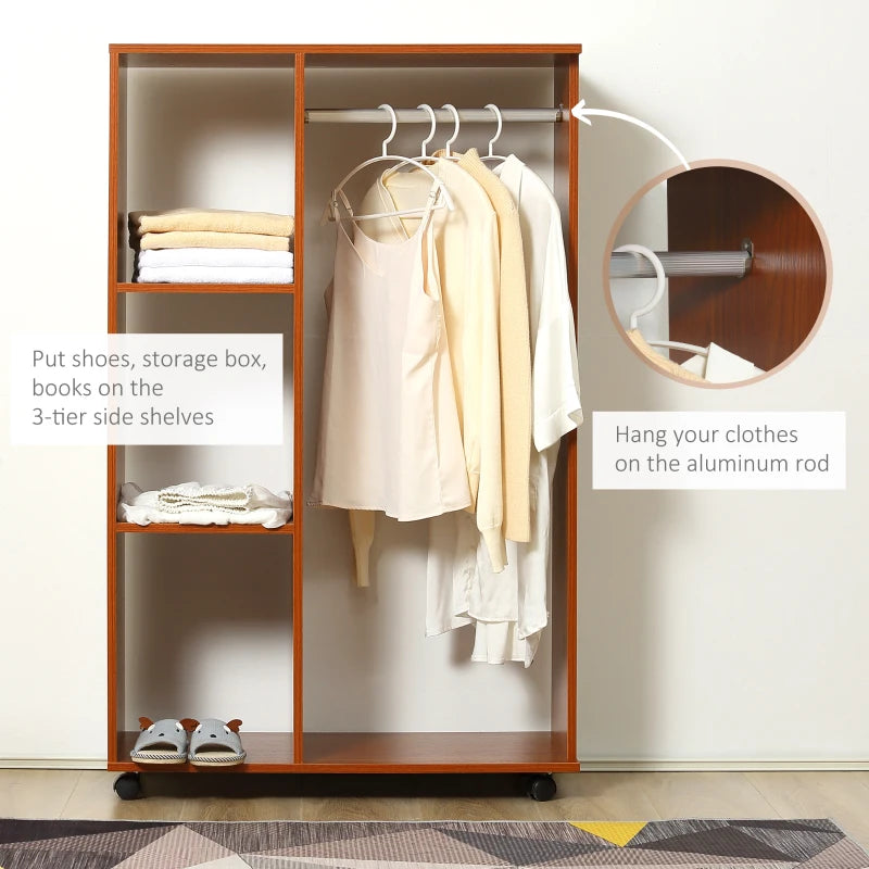 Mobile Walnut Wardrobe with Hanging Rod and Shelves