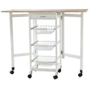 White Oak Drop-Leaf Kitchen Cart Trolley with Baskets and Drawer