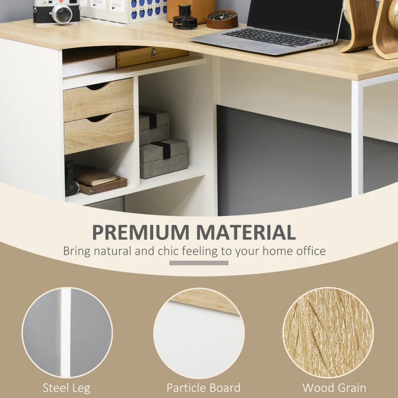Corner Computer Desk with Drawers and Storage Compartments, Light Brown