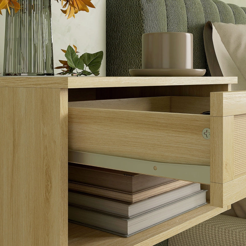 Wood-Effect Rattan Panel Bedside Tables Set - 2 Pack, Brown