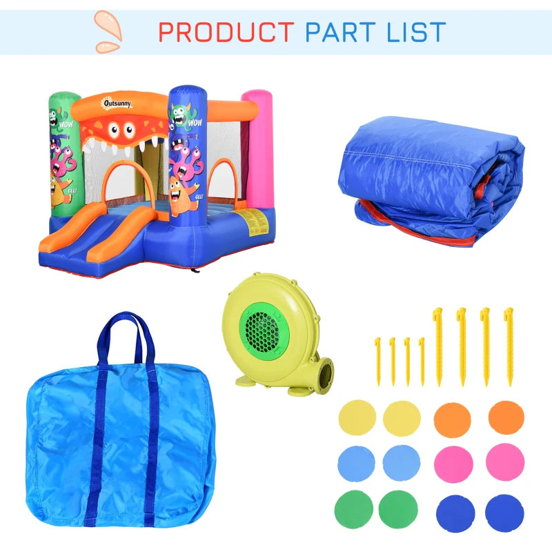 Monster Design Inflatable Bouncy Castle with Slide - Green/Blue - 180 x 250 x 175 CM