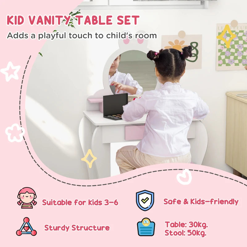 White and Pink Bunny Kids Dressing Table Set with Mirror and Stool