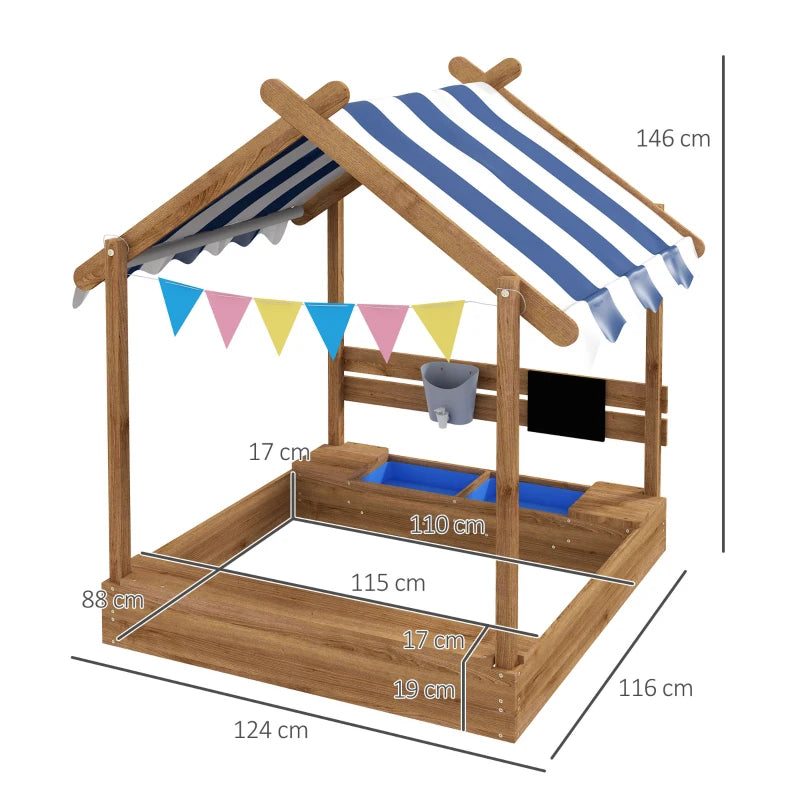 Brown Wooden Sandbox with Blackboard and Toys for Ages 3-7