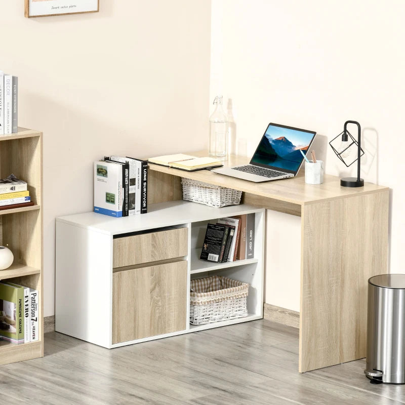 Oak and White L-Shaped Corner Computer Desk with Storage Drawer