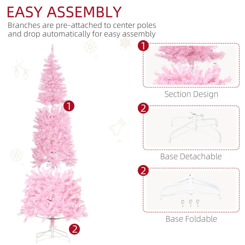 7FT Pink Pre-lit Pencil Slim Christmas Tree with Warm White LED Lights