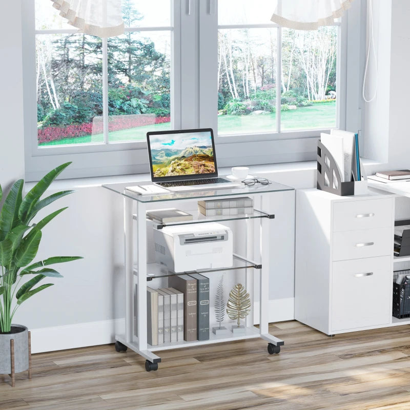 White Compact Computer Desk with Keyboard Tray and Wheels