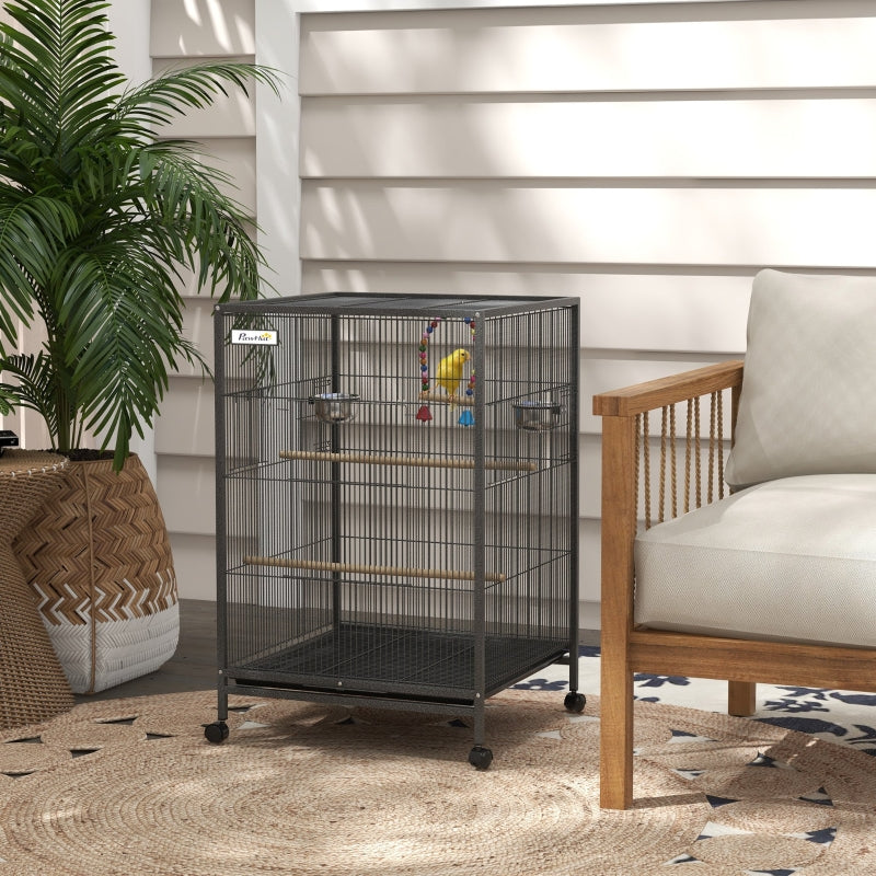 Grey Bird Cage with Rolling Stand for Small Birds