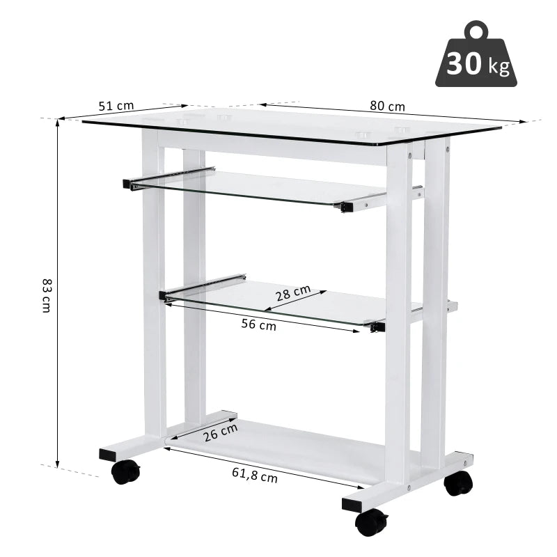 White Compact Computer Desk with Keyboard Tray and Wheels