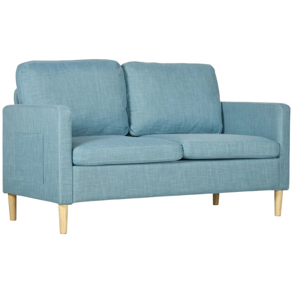Blue Fabric Two Seater Sofa with Wood Legs and Pockets