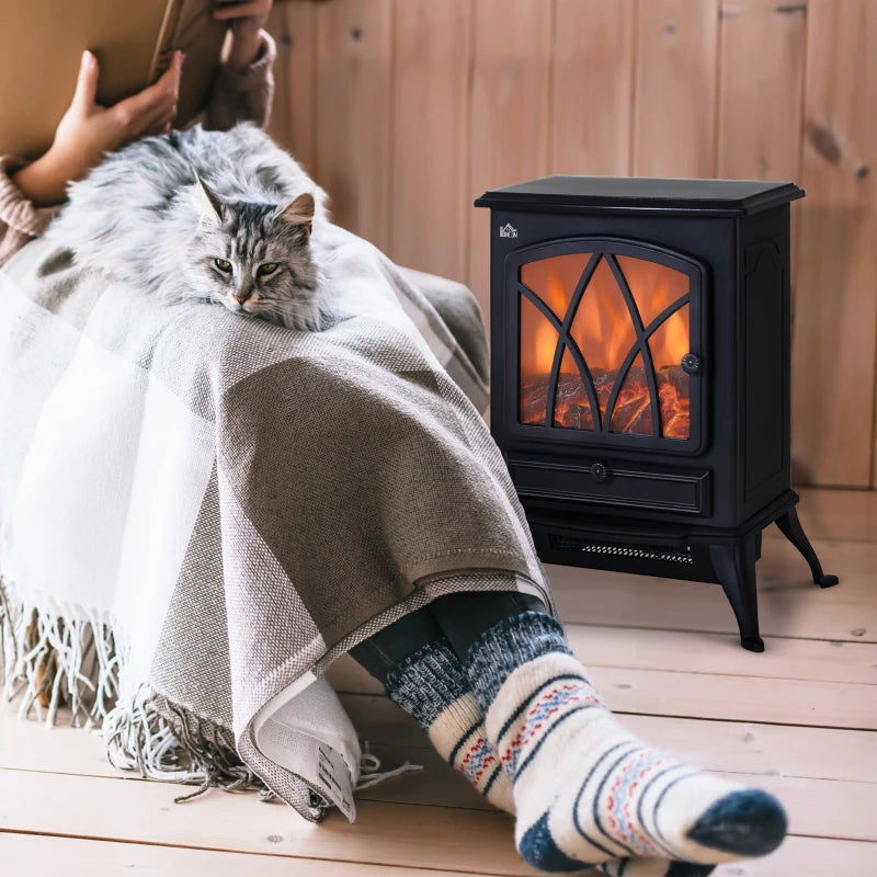 Black Electric Fireplace Stove with Fan and Log Flame Effect 2000W/1000W Heater