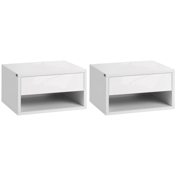 White Wall Mounted Bedside Table with Drawer and Shelf, 37 x 32 x 21cm