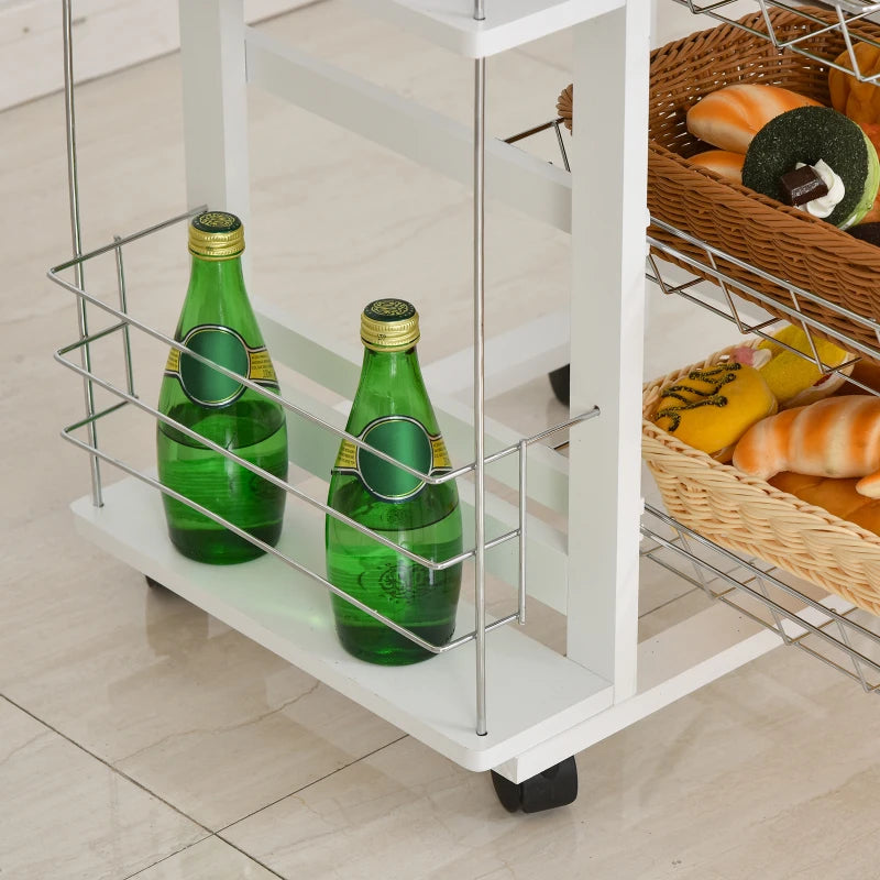 White Rolling Kitchen Cart with 4 Basket Drawers & Side Racks