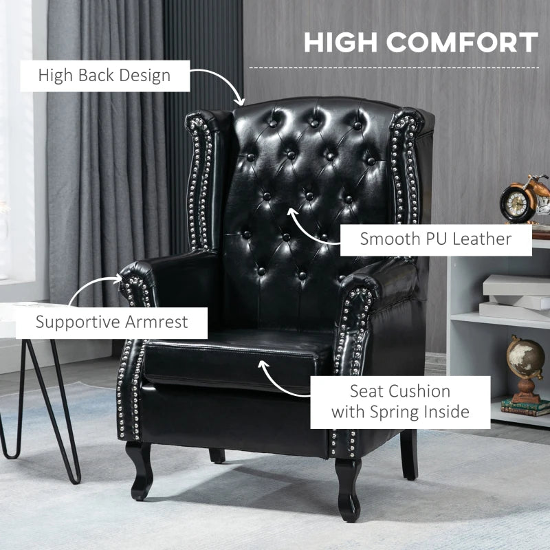 Black Wingback Tufted Armchair with Nail Head Trim
