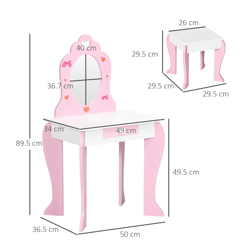 Kids Pink Dressing Table Set with Mirror, Stool, Drawer - Cute Patterns, Ages 3-6