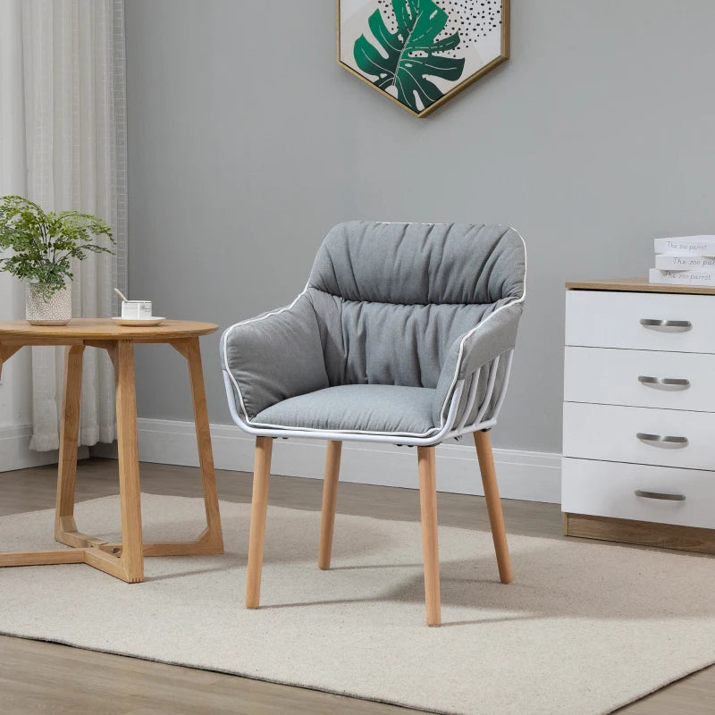 Grey and White Piped Accent Chair with Thick Padding and Wood Legs