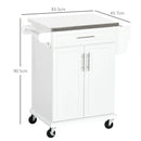 White Wooden Kitchen Island Cart with Stainless Steel Top and Storage