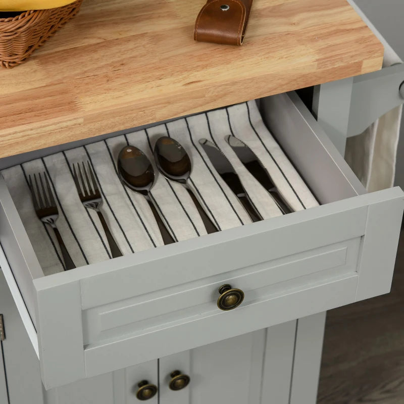 Grey Rolling Kitchen Island Trolley with Rubber Wood Top & Drawers
