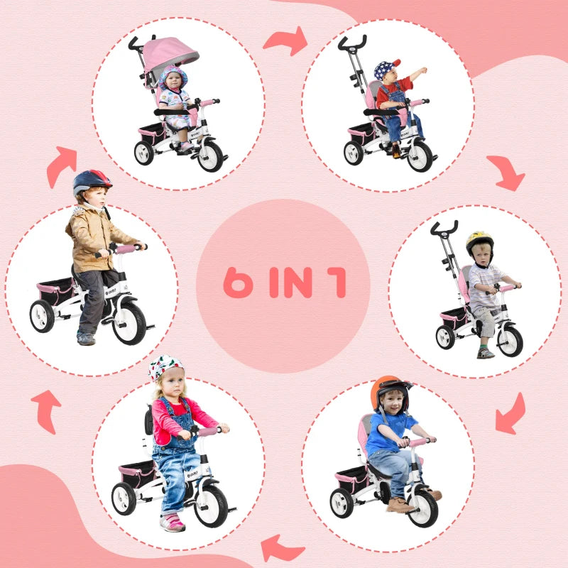 Pink 6-in-1 Kids Trike with Push Handle, Canopy, Safety Belt, Storage, Footrest, Brake