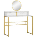 White Modern Vanity Dressing Table with Round Mirror and Faux Marble Texture