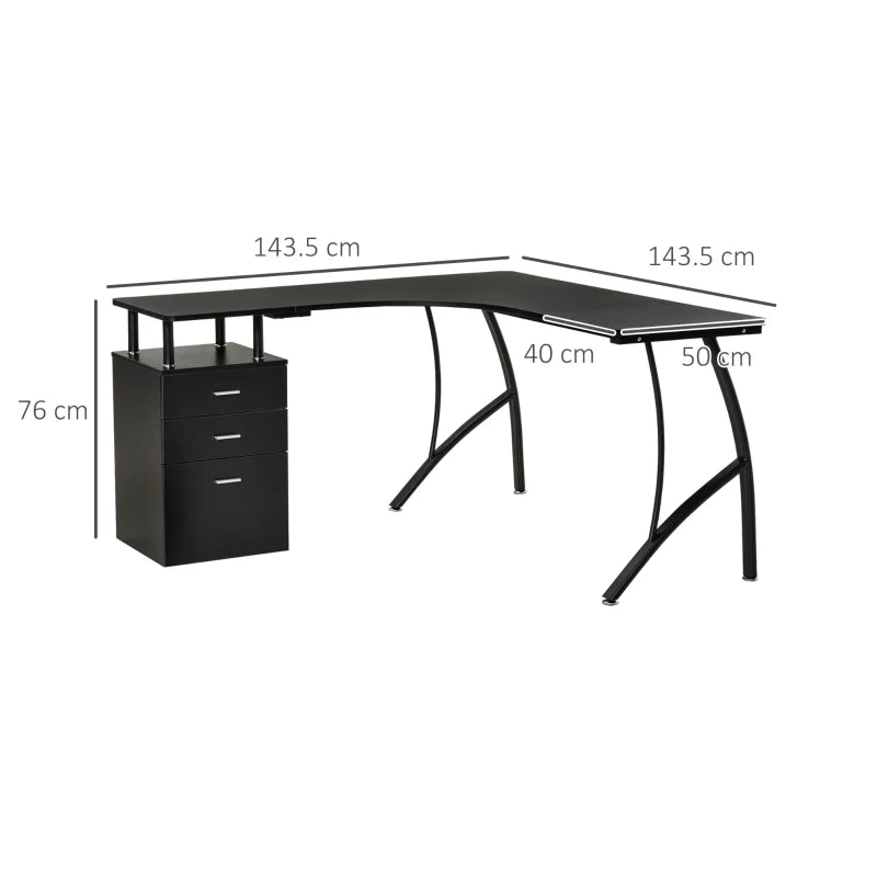 Black L-Shaped Industrial Style Office Desk with Storage Drawer - 143.5 x 143.5 x 76cm
