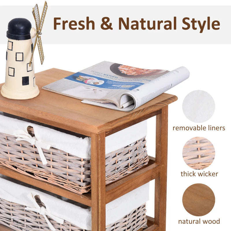 5-Drawer Wicker Basket Storage Unit - Natural Wood Finish