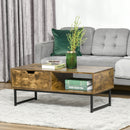Rustic Brown Industrial Coffee Table with Storage Shelf and Drawer