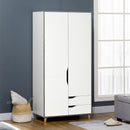 White Wardrobe with 2 Doors, 2 Drawers, Hanging Rail, Shelves - Bedroom Clothes Storage 89x50x185cm