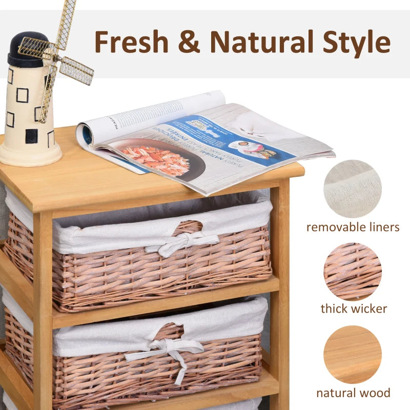 3-Drawer Wicker Basket Storage Shelf - Natural Wood Organizer