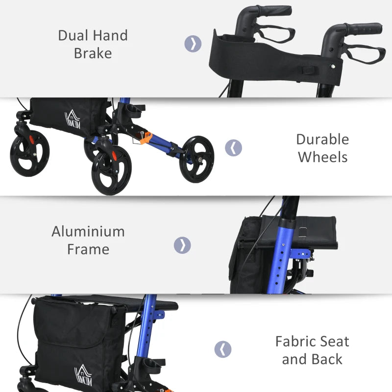 Blue Folding Rollator Walker with Seat and Brakes