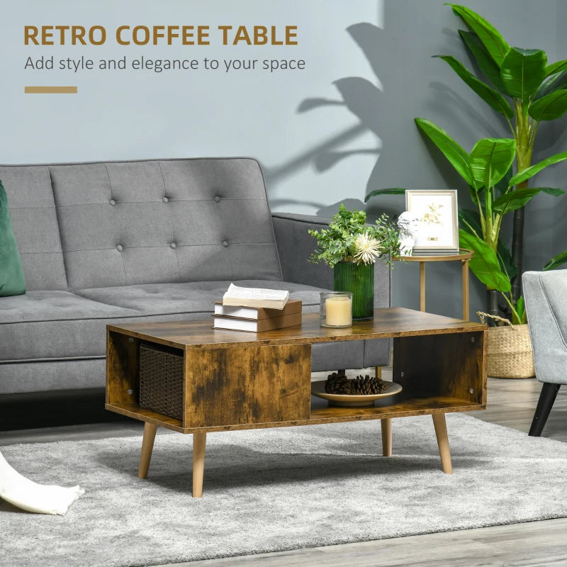 Rustic Brown Coffee Table with Open Storage Shelves and Solid Wood Legs