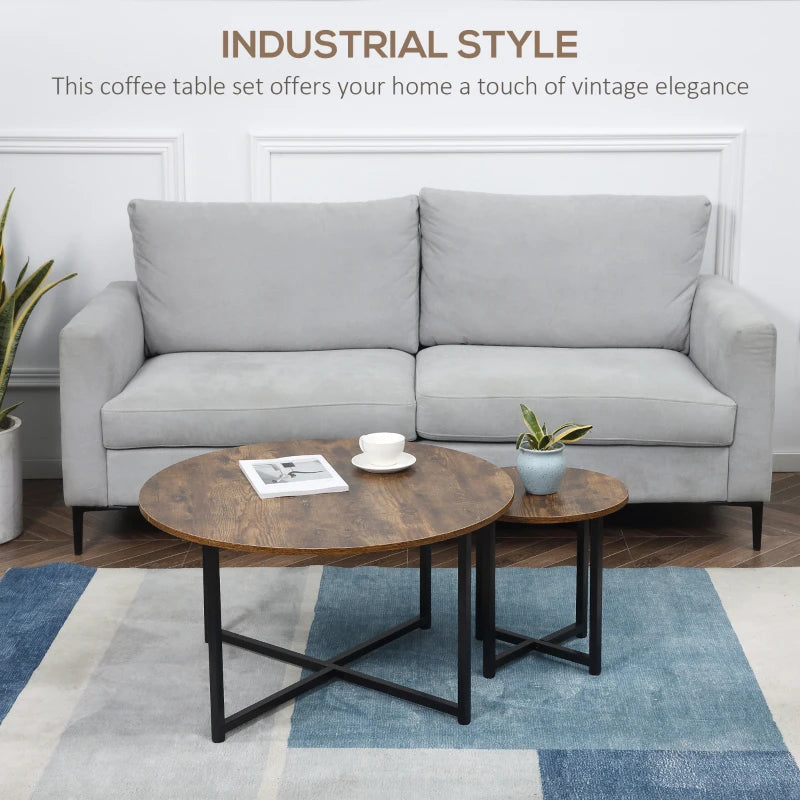 Rustic Brown Metal Frame Round Coffee Table Set - Industrial Side Tables for Living Room