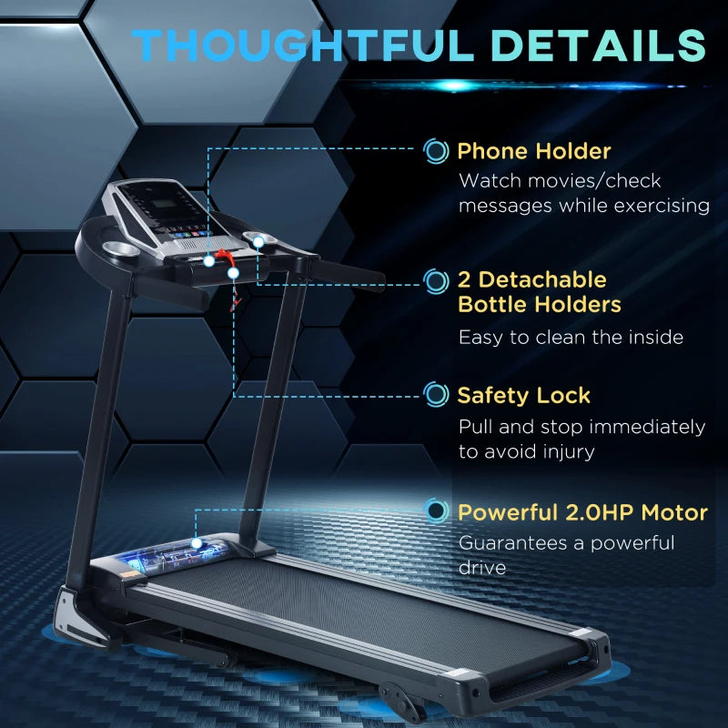 Foldable Black Treadmill, 2.0HP Incline Running Machine, LED Display, 12 Programs