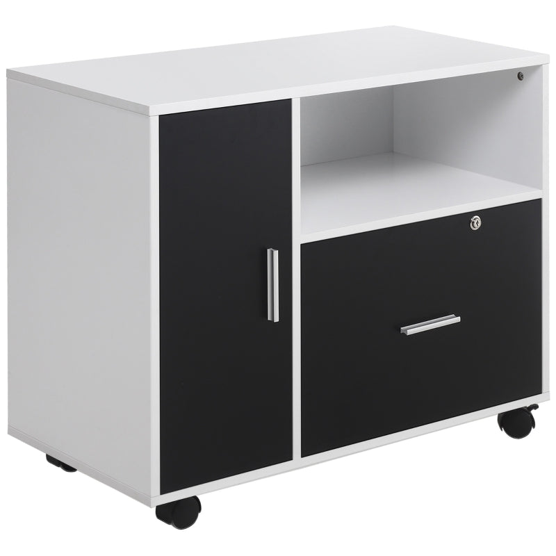 Black and White Mobile File Cabinet with Lockable Drawer and Shelf