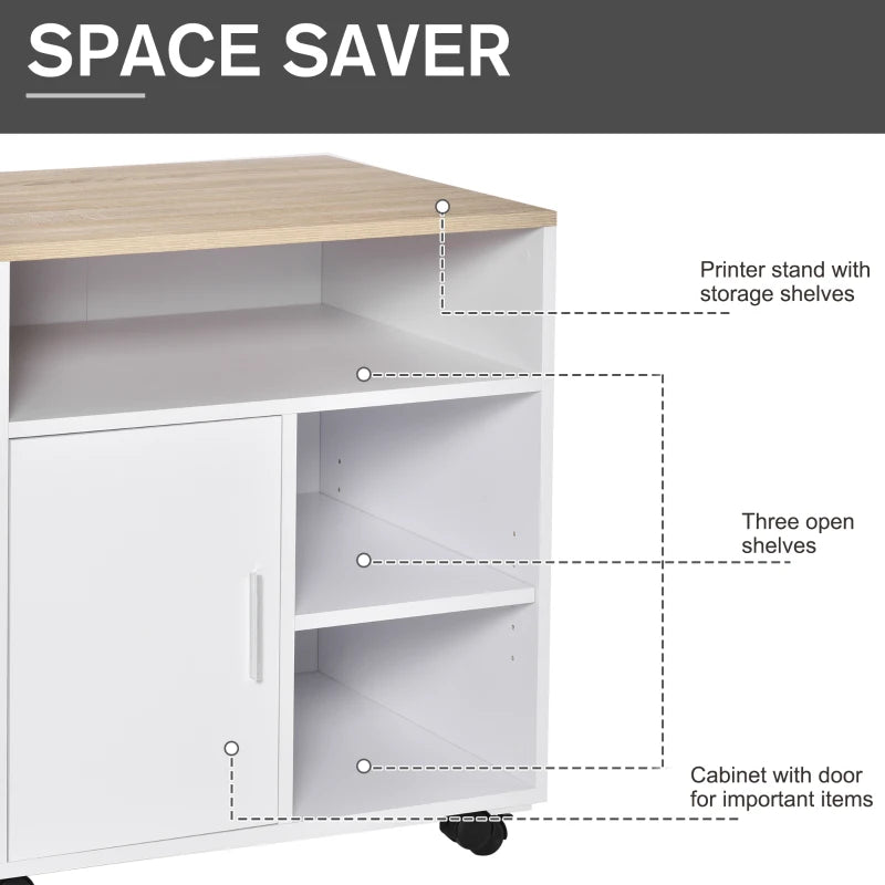 Oak Mobile Printer Stand with Storage - Modern Office Desk Unit
