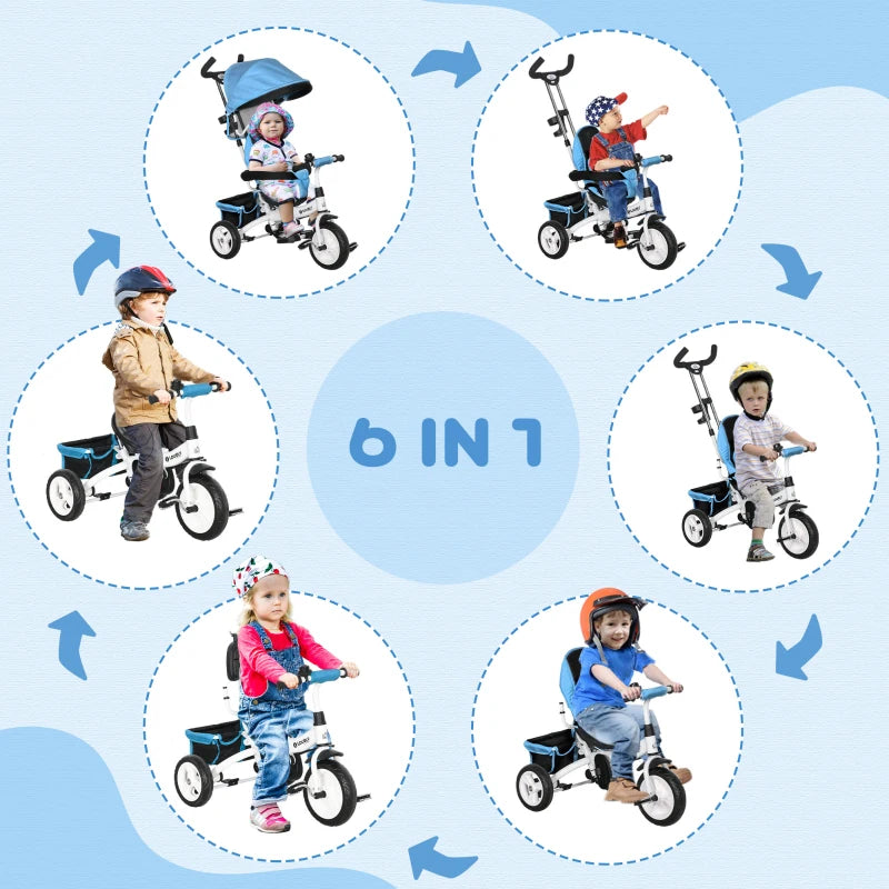 Blue 6-in-1 Kids Trike with Push Handle, Canopy, Safety Belt, Storage, Footrest, Brake