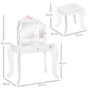 Kids White Vanity Table & Stool Set with Rotatable Mirrors - Star & Heart Pattern